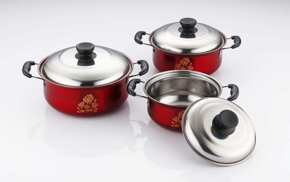 Non Stick Stainless Steel Cookware Sets 6pcs Red Pot & Rose Flowers 16cm 18cm 20cm
