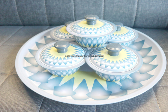 45cm Set of five spun stainless steel bowl and tray blue color kitchen serving bowl set with round tray