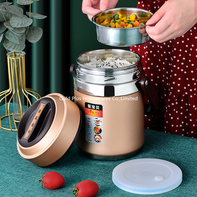 2000ML High quality double walled stainless steel lunch box with silicone rim round  three tiers 304 ss thermal soup pot