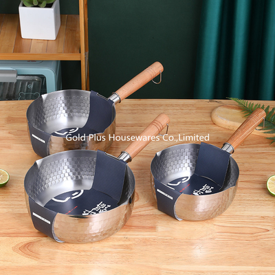 Emboss Logo 22cm Size Stainless Steel Cooking Pot With Wooden Handle