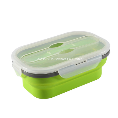 Green Food Grade Silicone Lunch Box With Spoon And Fork Collapsible