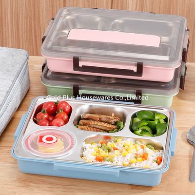 Multifunctional SUS 304 storage food carrier with spoon eco-friendly multicolors rectangle bento lunch box for picnic