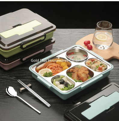 Dinnerware set for kids 5 compartments 304 stainless steel bento food box with spoon flanking buckle food carrier